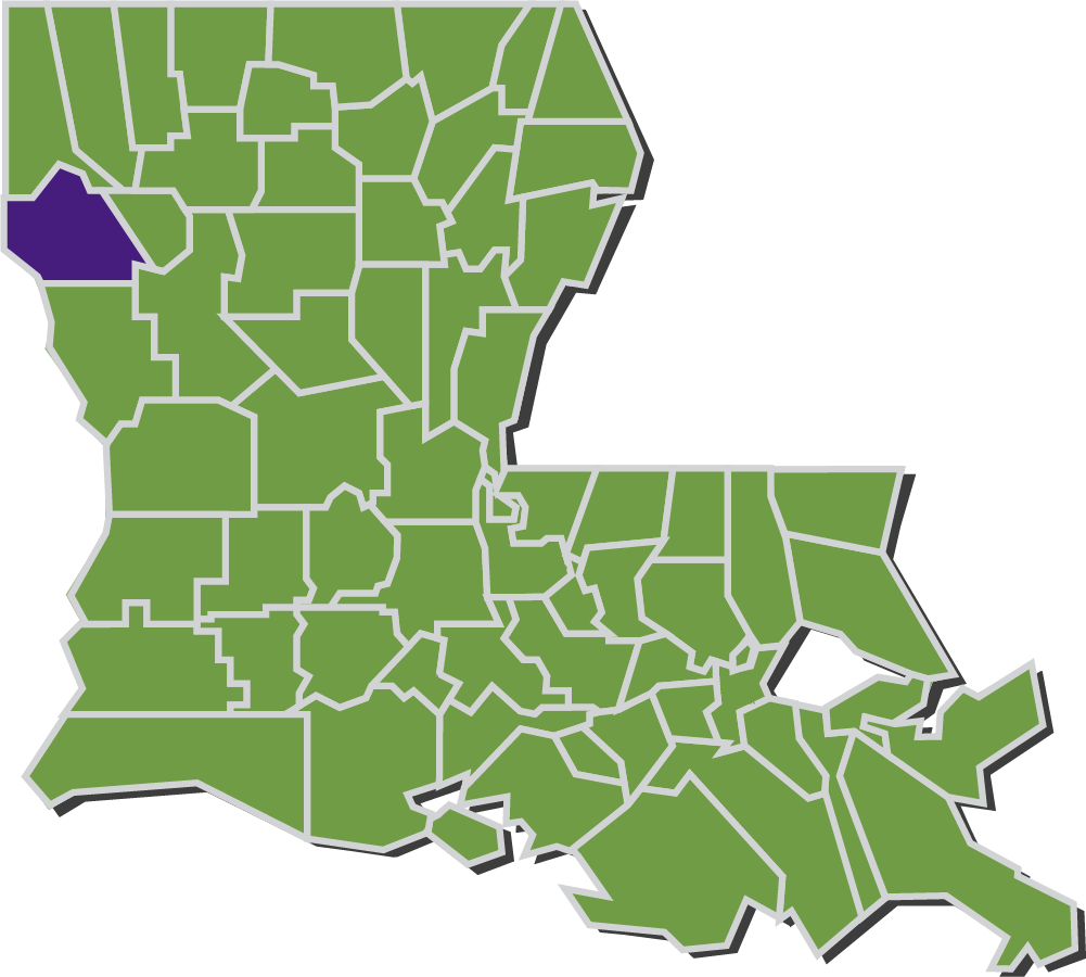 Map of Louisiana parishes with DeSoto parish highlighted in purple.
